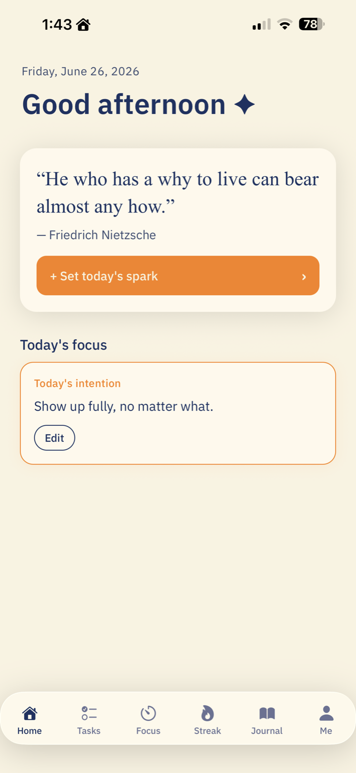 Sparked home screen with the morning quote and today's intention