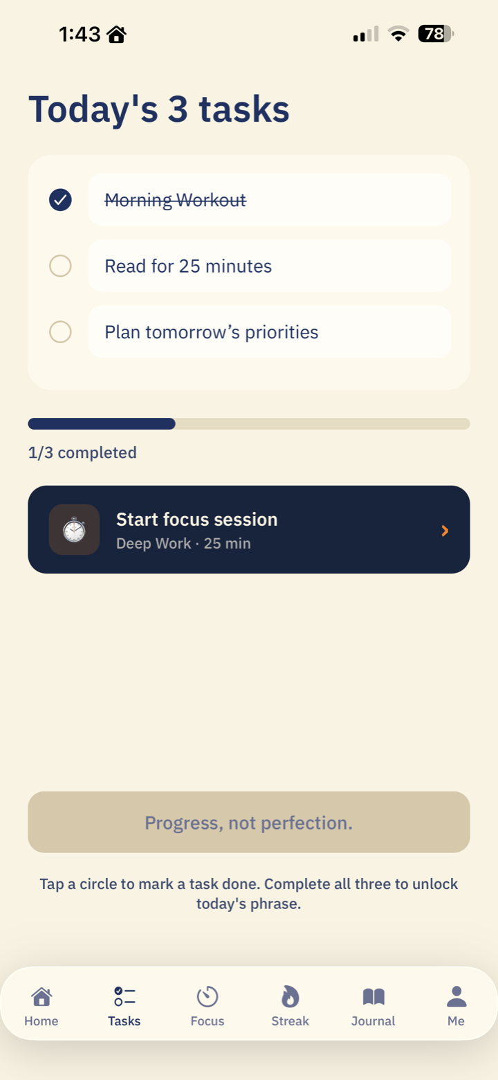 Sparked tasks screen showing today's three tasks