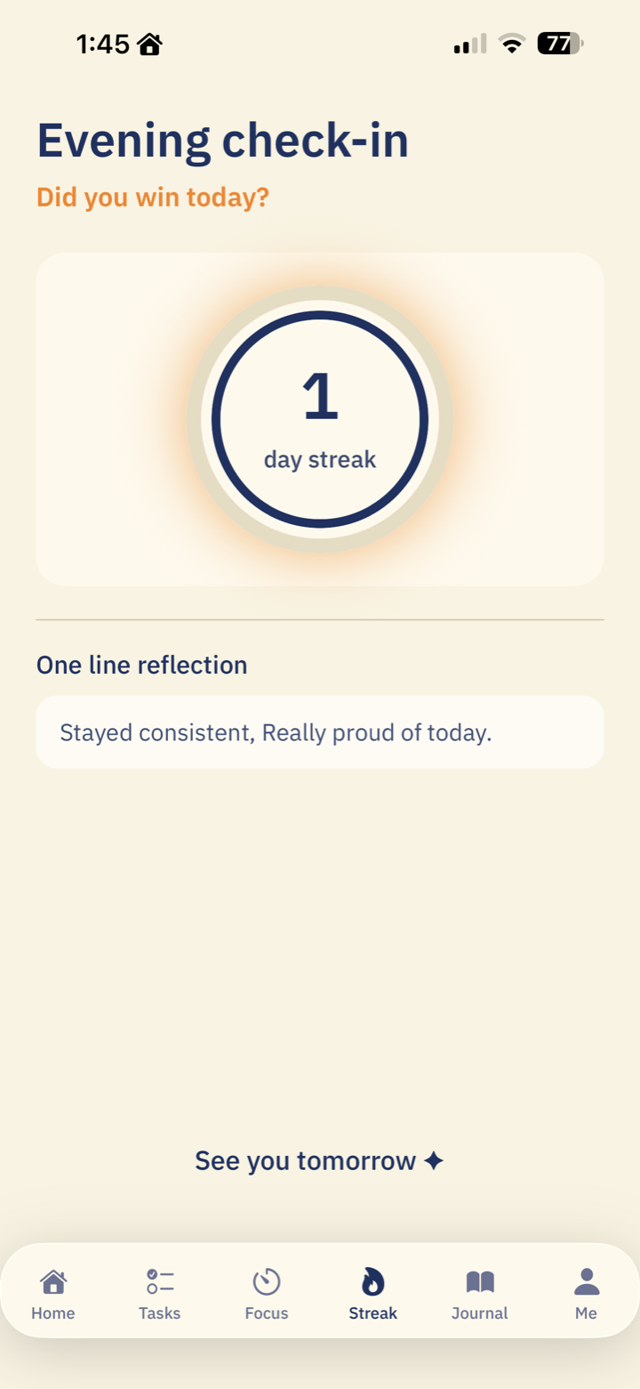 Evening check-in screen with the day streak counter