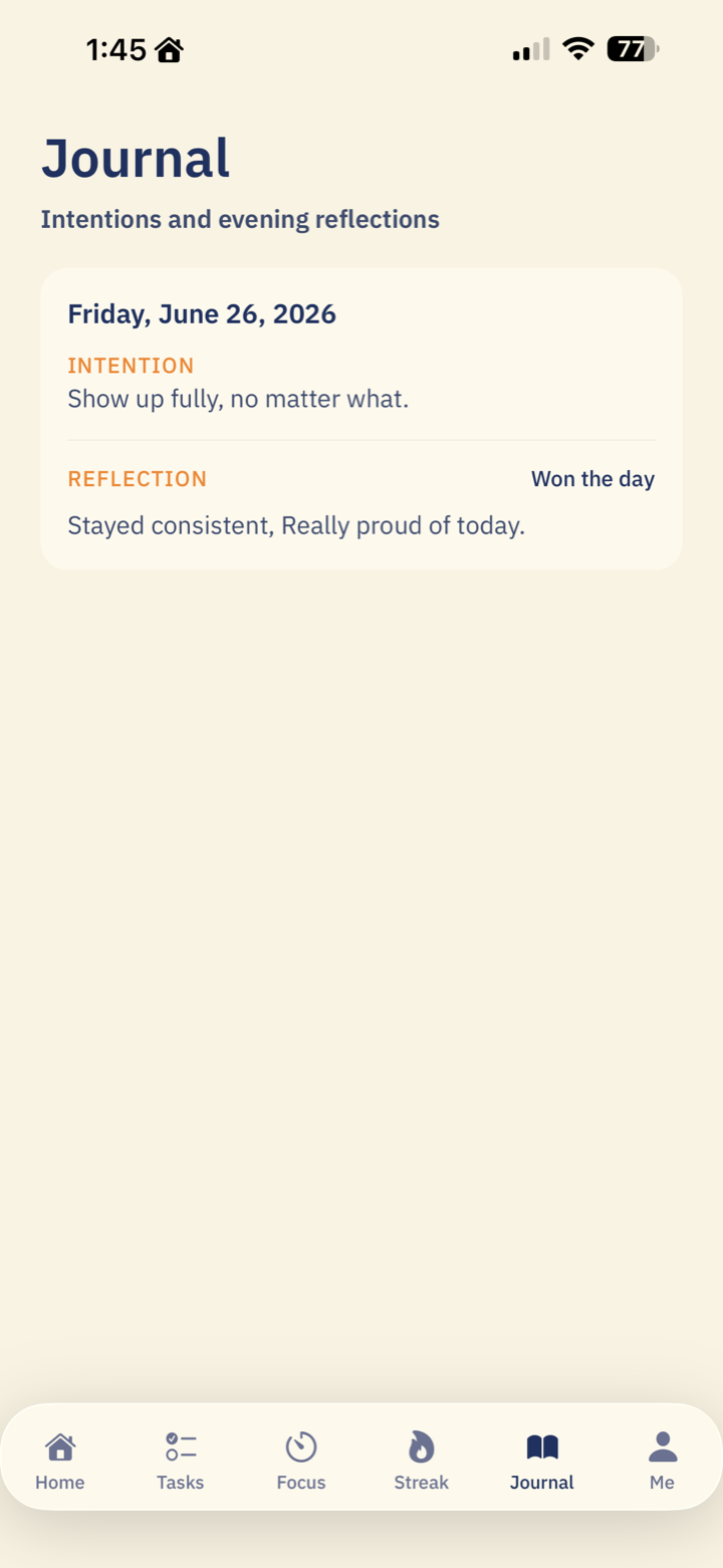 Journal screen listing intentions and reflections